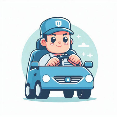 Cartoon delivery boy in uniform and cap driving car. Vector illustration.のイラスト素材