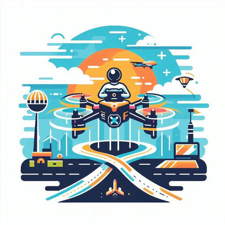 Drone flying over the city. Vector illustration in flat style.のイラスト素材