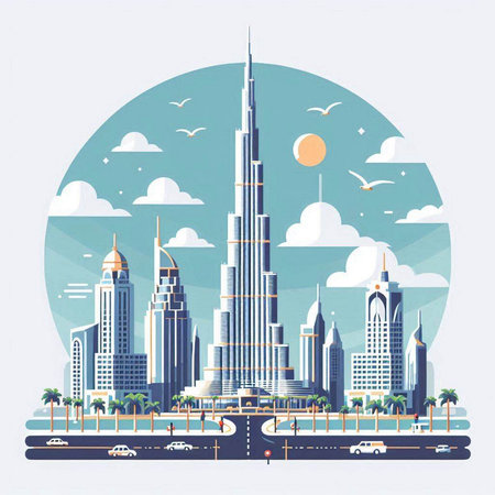 Vector illustration of Dubai skyline in flat design style. Modern cityscape with skyscrapers.のイラスト素材