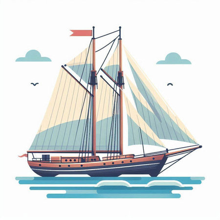 Sailing ship on the sea. Vector illustration in flat style.のイラスト素材