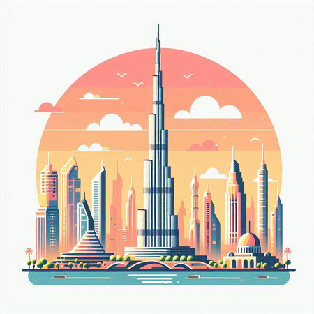 Dubai skyline with skyscrapers. Vector illustration in flat styleのイラスト素材