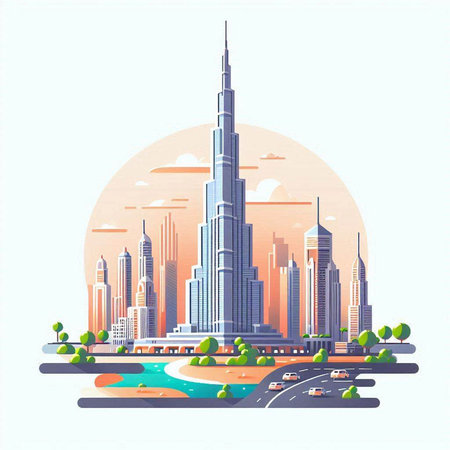 Dubai, United Arab Emirates city skyline in flat style. Vector illustration.のイラスト素材