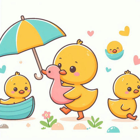 Illustration of a Cute Cartoon Duck and Duckling with Umbrellaのイラスト素材