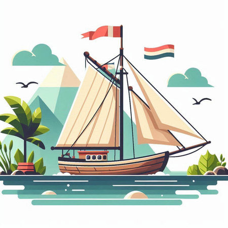 Sailing boat on the sea. Vector illustration in flat style.のイラスト素材