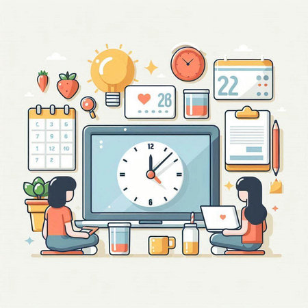 Time management concept with people working on laptop. Flat vector illustration.のイラスト素材