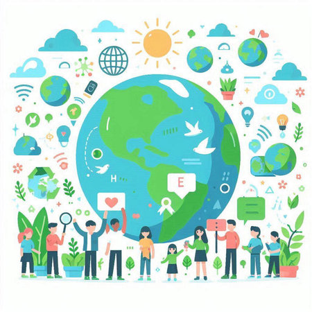 People around the globe with social media icons. Vector flat illustration.のイラスト素材