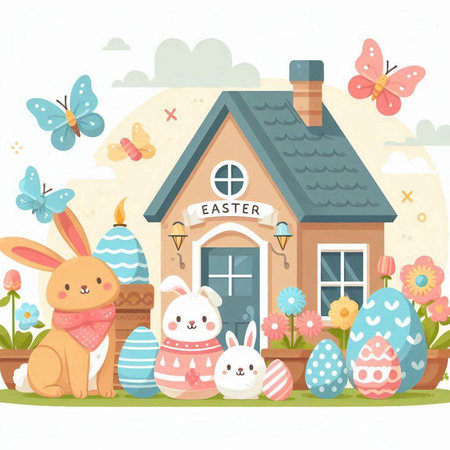 Happy easter. Cute bunny, eggs and house. Vector illustration.のイラスト素材