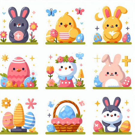 Easter set. Cute cartoon characters with eggs, rabbit, chicken, basket and flowers. Colorful vector illustration.のイラスト素材