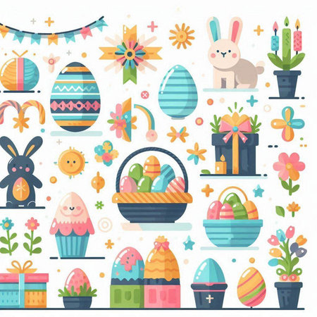 Easter set with cute bunny, eggs and flowers. Vector illustrationのイラスト素材