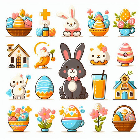 Easter icons set with cute rabbit, chicken, eggs, flowers and other elementsのイラスト素材