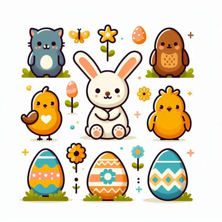 Easter set with bunny, chick, rabbit, chicken, egg, flower, butterfly. Vector illustration.のイラスト素材