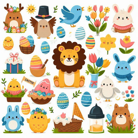 Easter set with cute animals, eggs and flowers. Vector illustrationのイラスト素材