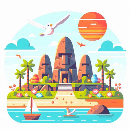 Landscape with island and seagulls. Flat vector illustrationのイラスト素材