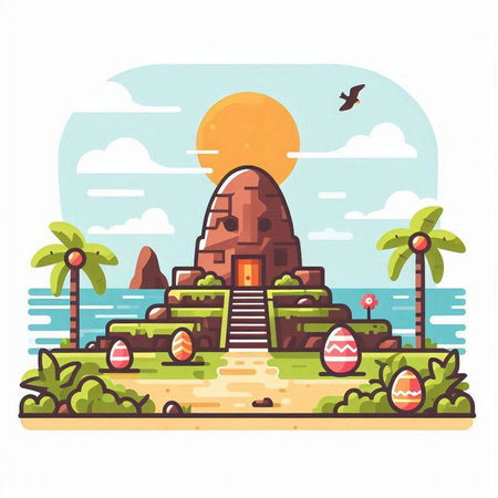Vector illustration of ancient temple on the beach. Flat style design.のイラスト素材