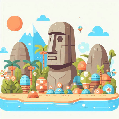 Ancient Mayan statue on the seashore. Vector illustration.のイラスト素材