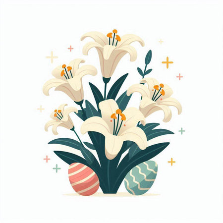Easter egg with white lily flowers. Vector illustration in flat styleのイラスト素材