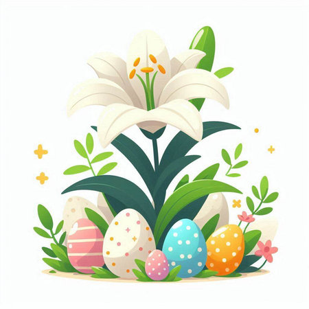 Easter eggs and lily flowers vector illustration. Happy Easter greeting card.のイラスト素材