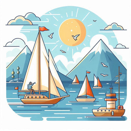 Sailing boats and yachts on the sea. Vector illustrationのイラスト素材