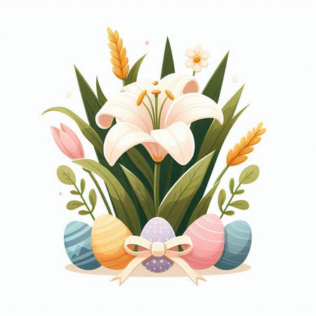 Easter greeting card with flowers, eggs and lily. Vector illustration.のイラスト素材