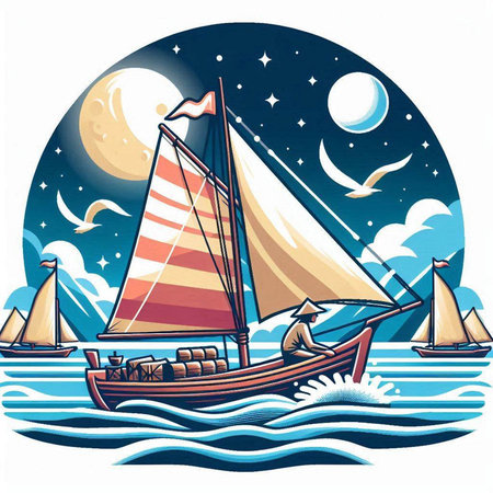 Vintage sailboat in the sea at night. Vector illustration.のイラスト素材