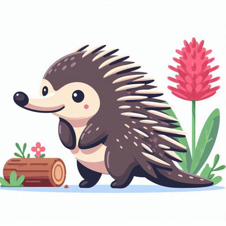 Cute hedgehog with a log and flowers. Vector illustration.のイラスト素材
