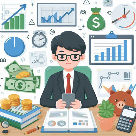 Businessman sitting at his desk in office. Vector illustration in flat style.のイラスト素材