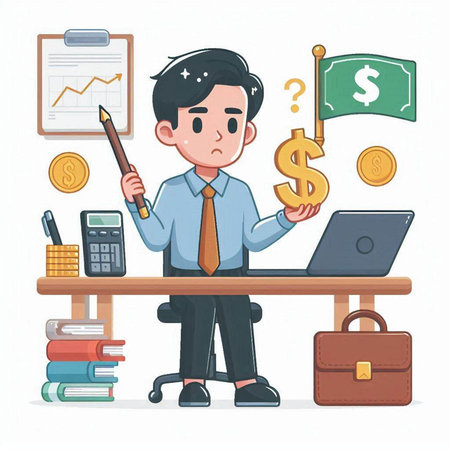Businessman with laptop and money. Vector illustration in cartoon style.のイラスト素材