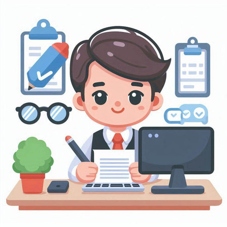 Businessman working at his desk. Vector illustration in a flat style.のイラスト素材