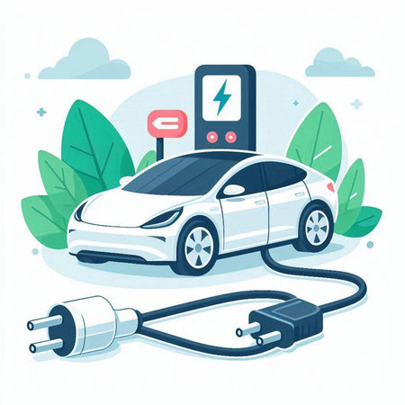 Electric car charging station flat vector illustration. Electric vehicle charging station.のイラスト素材