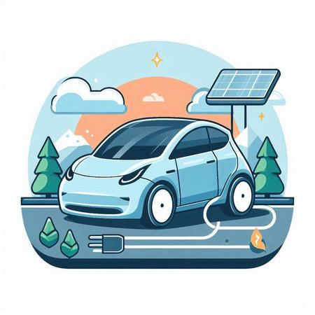 Electric car with solar panel on the roof. Vector illustration in flat styleのイラスト素材
