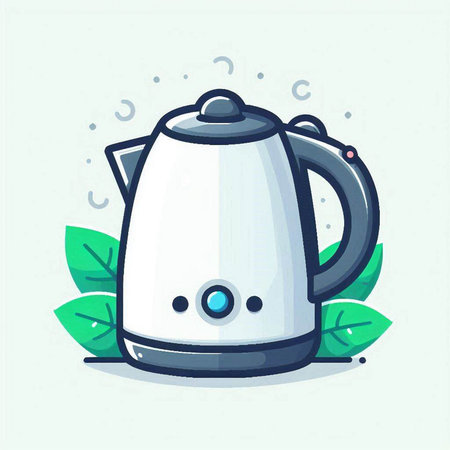 Electric kettle with green leaves. Vector illustration in flat cartoon style.のイラスト素材