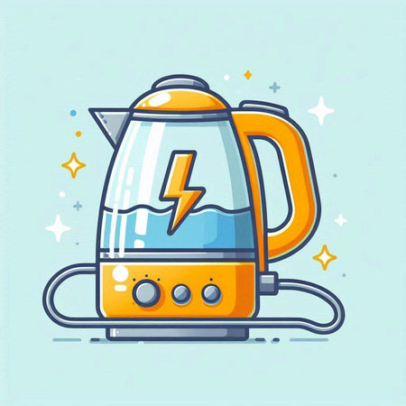 Electric kettle with lightning. Vector illustration in flat style on blue background.のイラスト素材