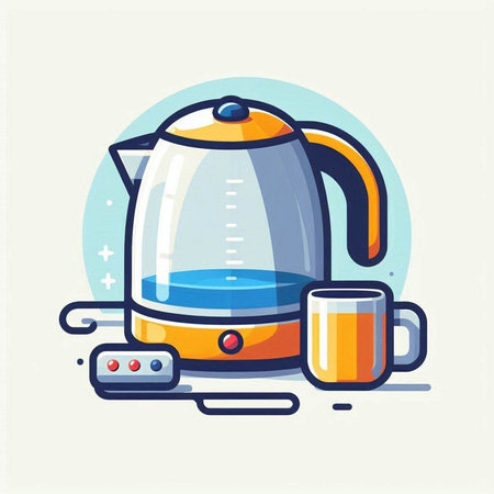 Electric kettle and cup of coffee. Vector illustration in flat style.のイラスト素材