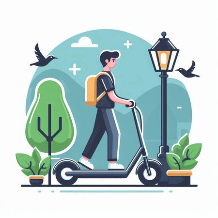 Man riding electric scooter in the city. Vector flat illustration.のイラスト素材