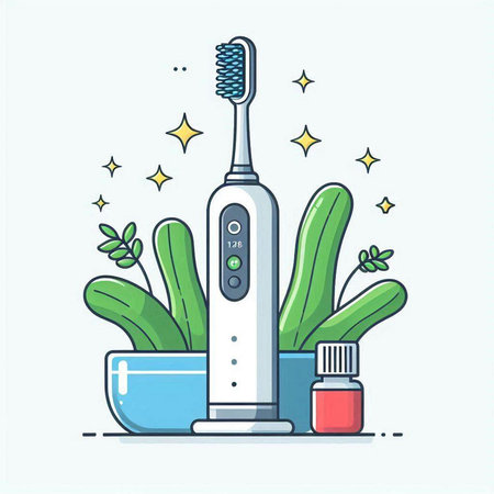 Vector illustration of electric toothbrush with toothpaste in a bowl.のイラスト素材