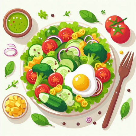 Healthy salad with cucumber, tomato, onion, lettuce and egg. Vector illustrationのイラスト素材
