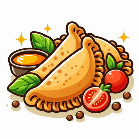 Illustration of fried dumplings with tomato sauce and basil leavesのイラスト素材