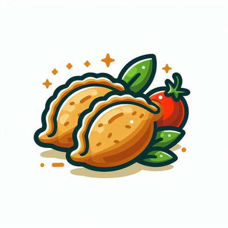 Fried dumplings with tomato and basil. Vector illustration.のイラスト素材
