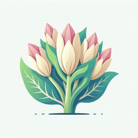 Bouquet of pink tulips with green leaves. Vector illustration.のイラスト素材