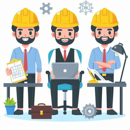 Architects and engineers working at the office. Vector illustration.のイラスト素材