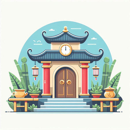 Chinese ancient building. Vector illustration in flat style. Travel concept.のイラスト素材