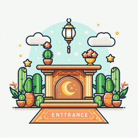 Vector illustration of eid mubarak greeting card with mosque, cactus and lantern.のイラスト素材