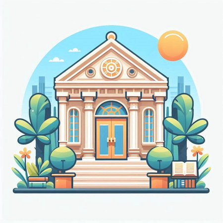 Vector illustration of a beautiful school building on the background of the city.のイラスト素材