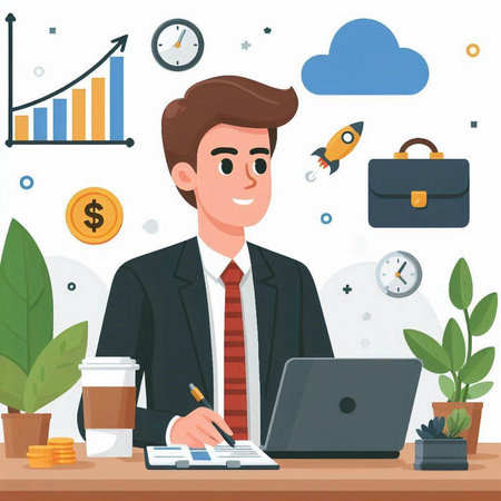 Businessman working at office. Vector illustration in flat cartoon style.のイラスト素材