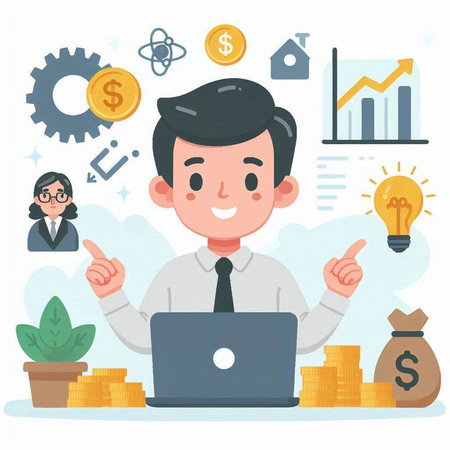 Businessman working with laptop. Business concept. Flat design vector illustration.のイラスト素材