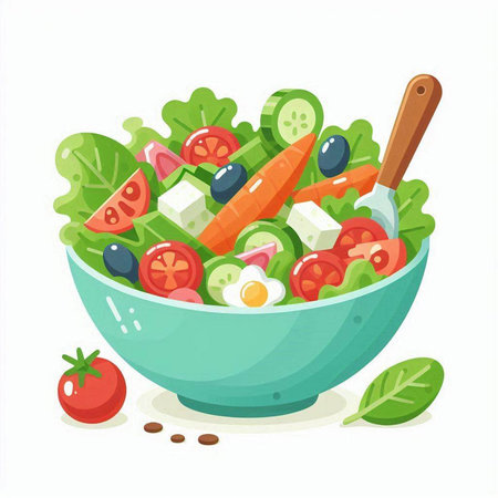 Vegetable salad in bowl. Healthy food. Vector illustration.のイラスト素材