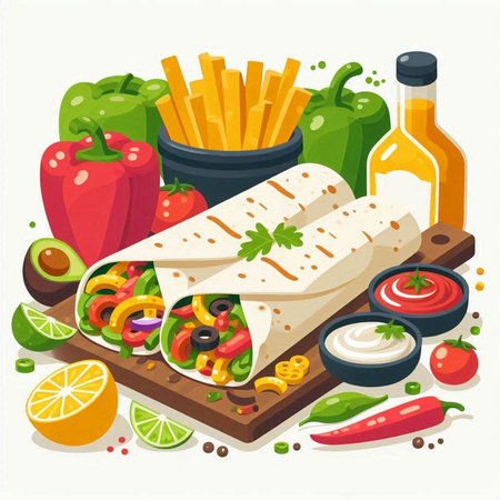 Mexican food vector illustration. Traditional mexican tortilla wrap with vegetables, meat, cheese and sauceのイラスト素材