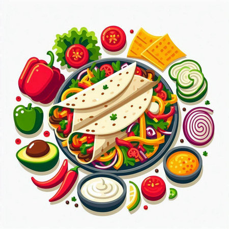 Mexican food vector illustration. Taco tortilla with vegetables, cheese and salsa.のイラスト素材