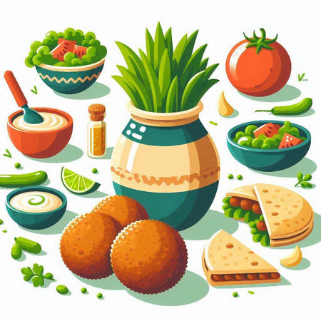 Vegetarian food vector illustration. Vegetables and fruits in clay pot.のイラスト素材