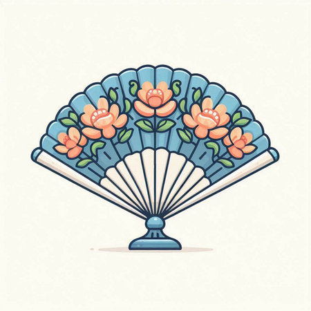 Folding fan with beautiful flowers. Vector illustration in retro style.のイラスト素材